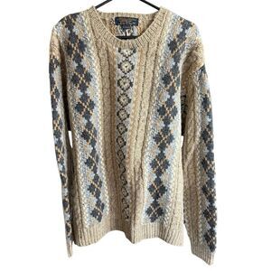 Vintage Brooks Brothers Hand Knit 100% Wool Brown Chunky Cable Crew Sweater XL